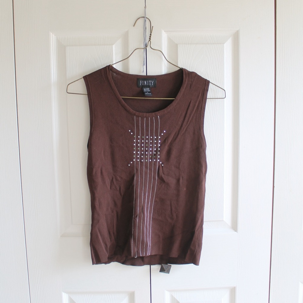 Finity Geometric Pattern Rhinestone Brown Tank Top - Picture 2 of 7